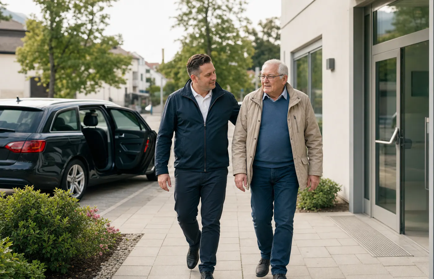Fahrer begleitet einen älteren Fahrgast zum Eingang einer Praxis.